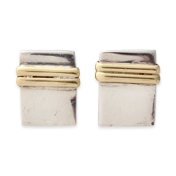 Vintage Sterling Silver & Brass Rectangle Stud Earrings Two Tone Mixed Metal - Picture 1 of 5